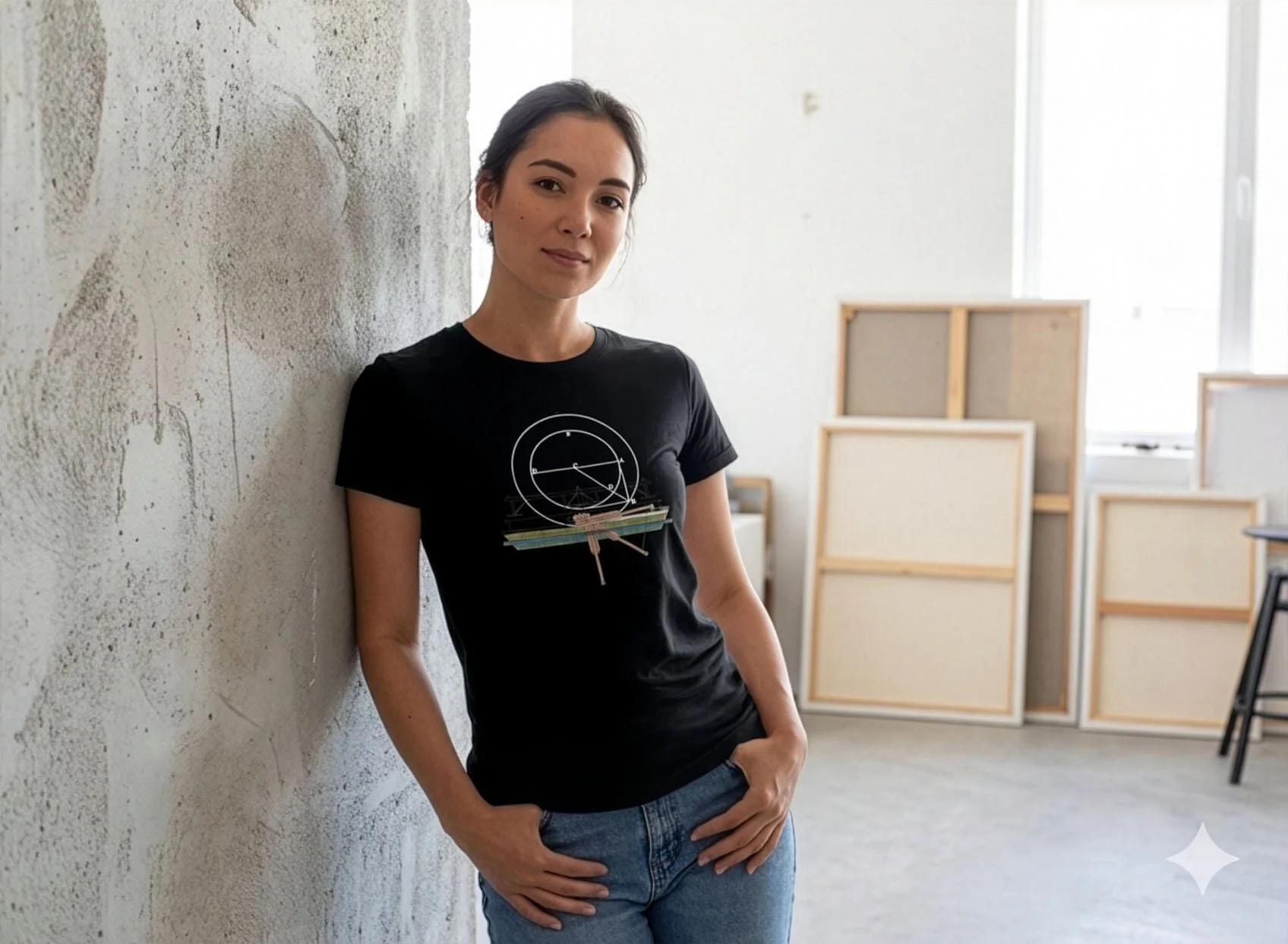 female model wearing geometric blueprint black t-shirt