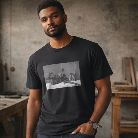 Male model wearing industrial art grey t-shirt with black and white tool composition