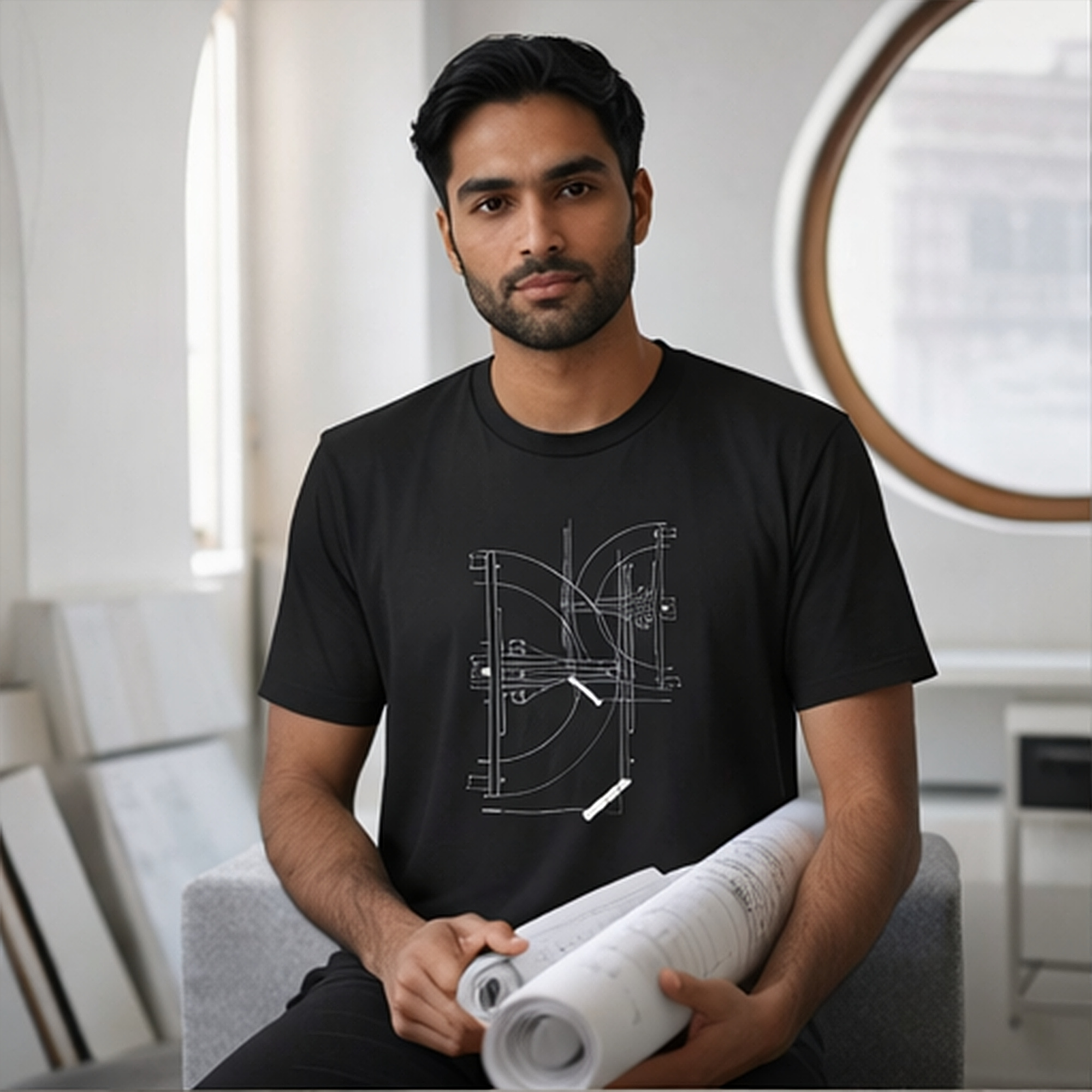 Black t-shirt featuring minimalist white architectural blueprint line art