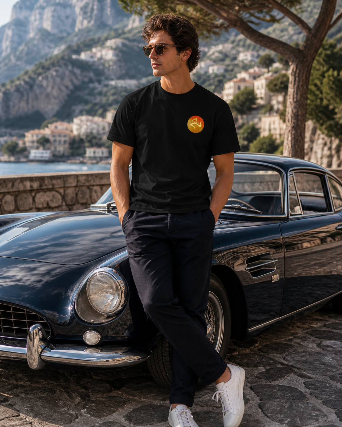 Male model wearing minimalist, premium left-chest emblem black t-shirt
