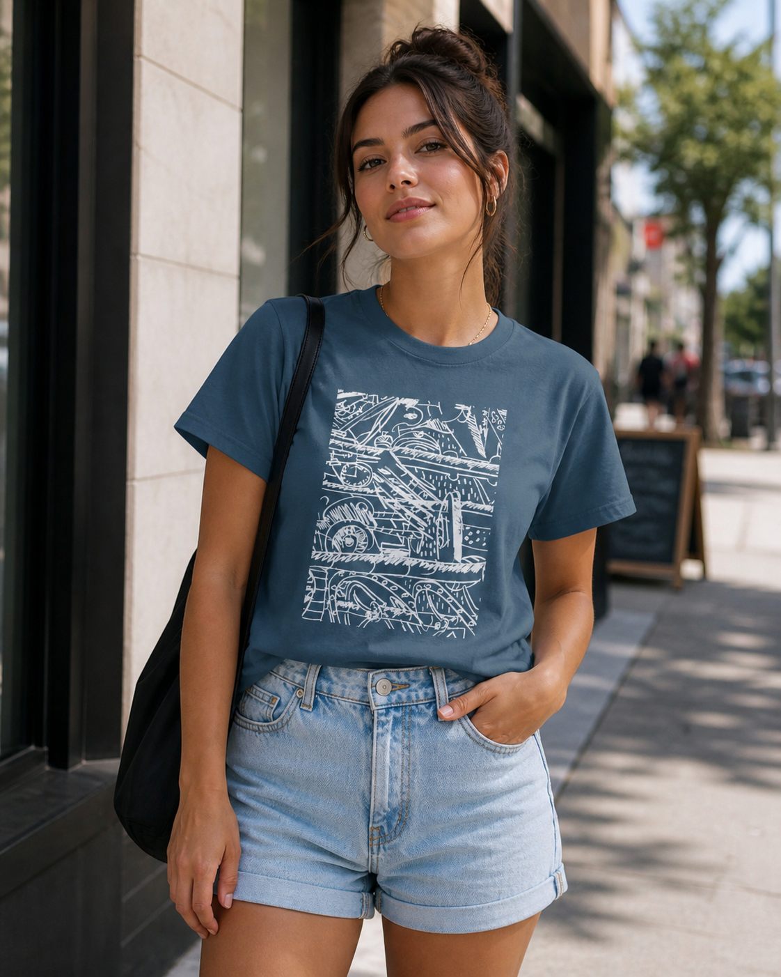 Female model wearing a deep teal t-shirt featuring a white abstract design. The graphic is a abstract architectural drawing.
