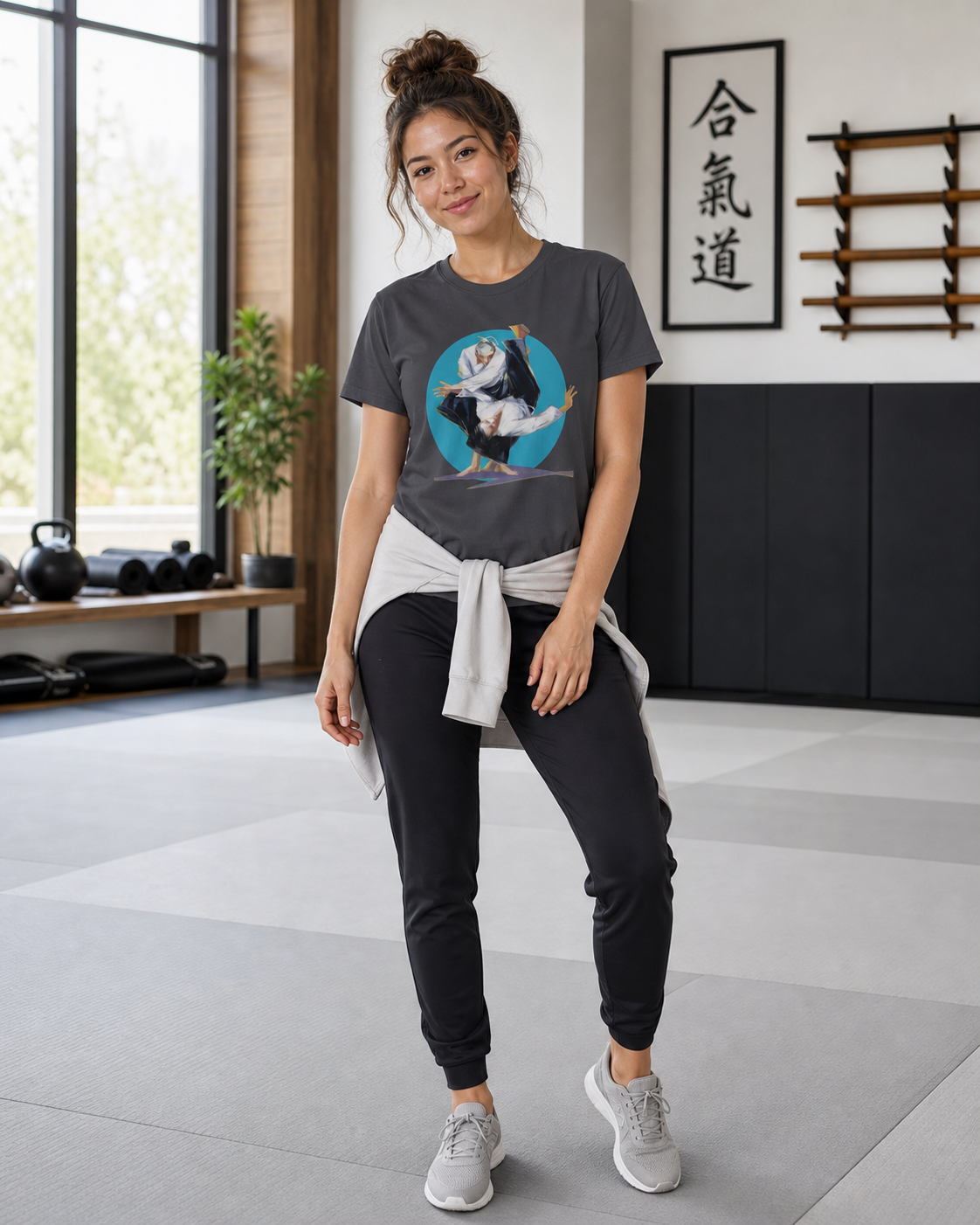 Female model wearing figurative martial art image framed by a bold circular backdrop on grey t-shirt