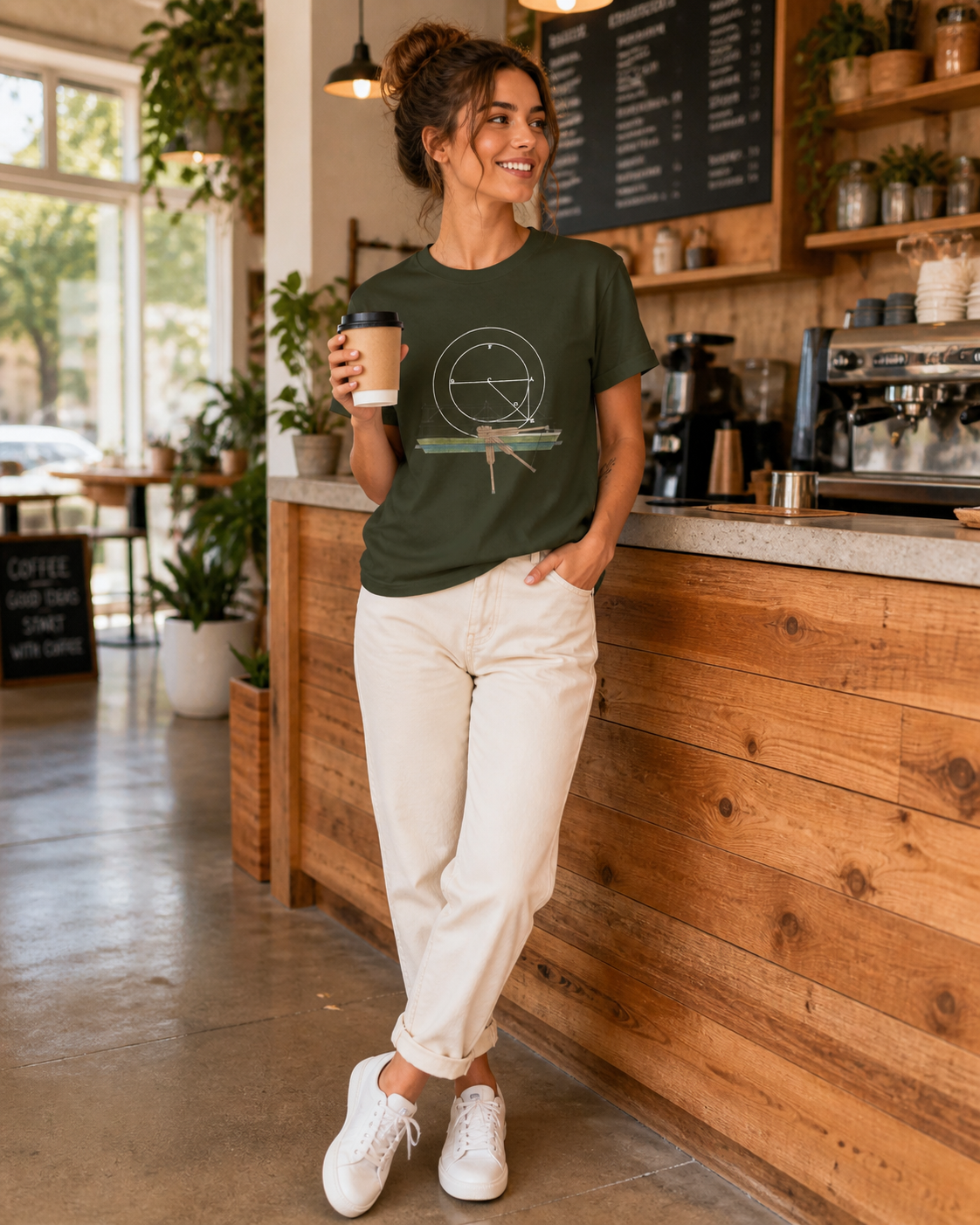 female model wearing geometric blueprint dark olive t-shirt