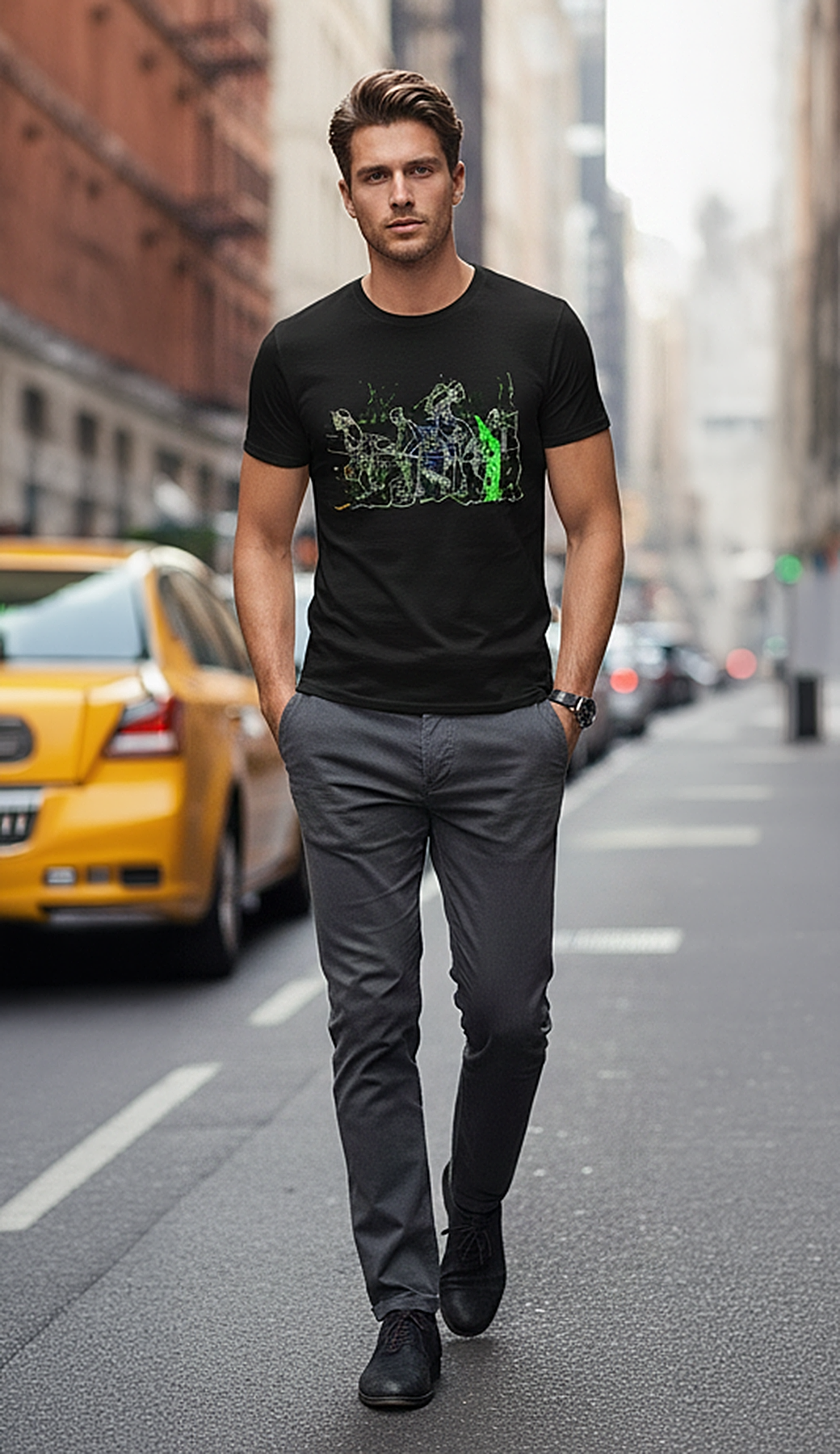 Black crew neck t-shirt featuring a neon green, blue, and white line drawing of a group of people. The graphic is centered on the front of the shirt. The person is walking on an urban street.