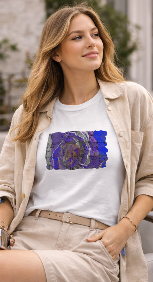 female model wearing white t-shirt of vivid shades of purple, blue, gold, and charcoal abstract art