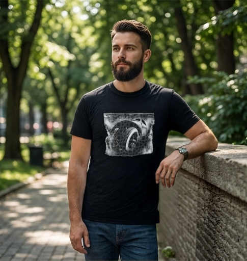 Male model wearing monochrome automotive wheel art graphic on black t-shirt