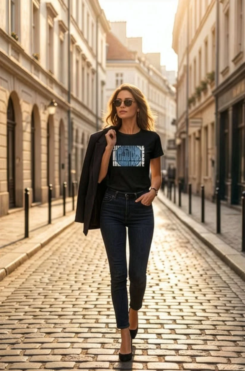 Female model wearing black t-shirt of fragmented block typography for a bold, architectural look