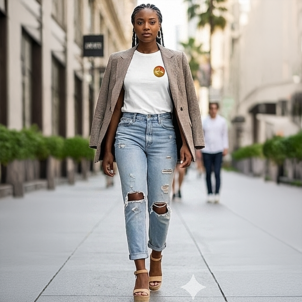 Female model wearing minimalist, premium left-chest emblem white t-shirt