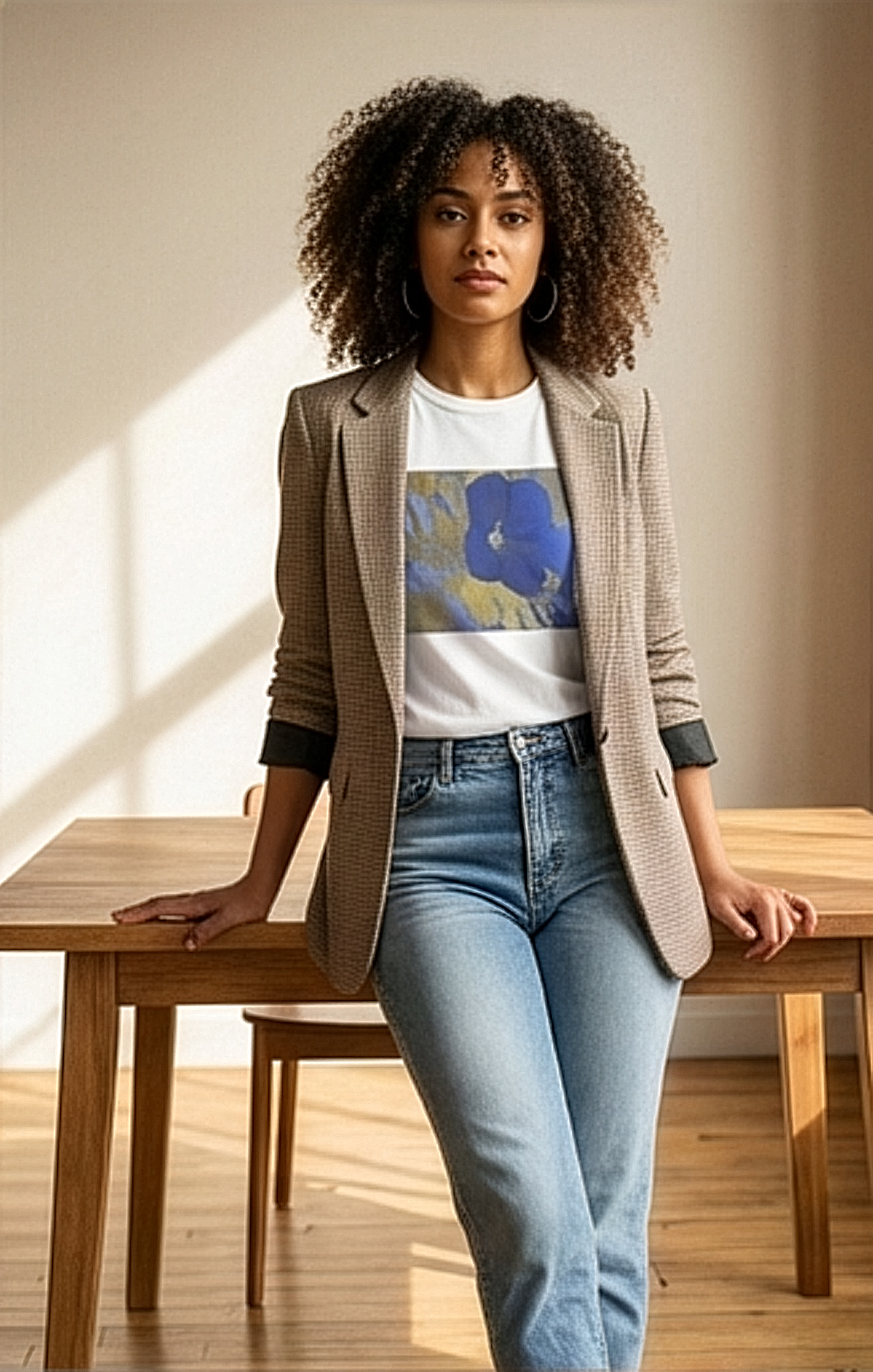 Female model standing by the window in a loft space wearing botanical (hibiscus flower) inspired white t-shirt