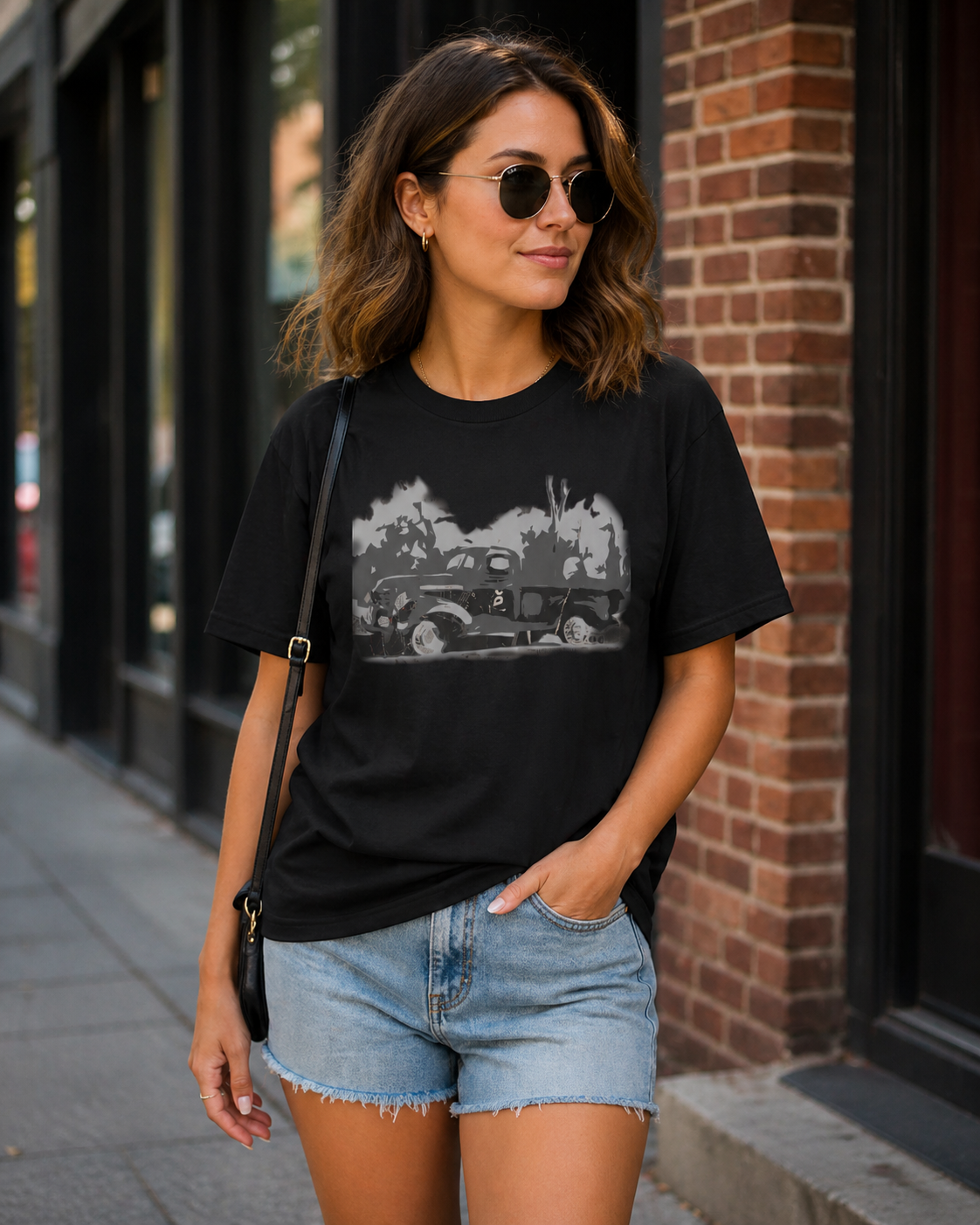 Female model wearing vintage car graphic t-shirt featuring monochrome classic automobile illustration on black shirts.