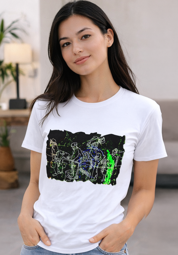 White t-shirt featuring a black and green graphic of a band playing instruments. The design is a line drawing style. The model is wearing blue jeans.