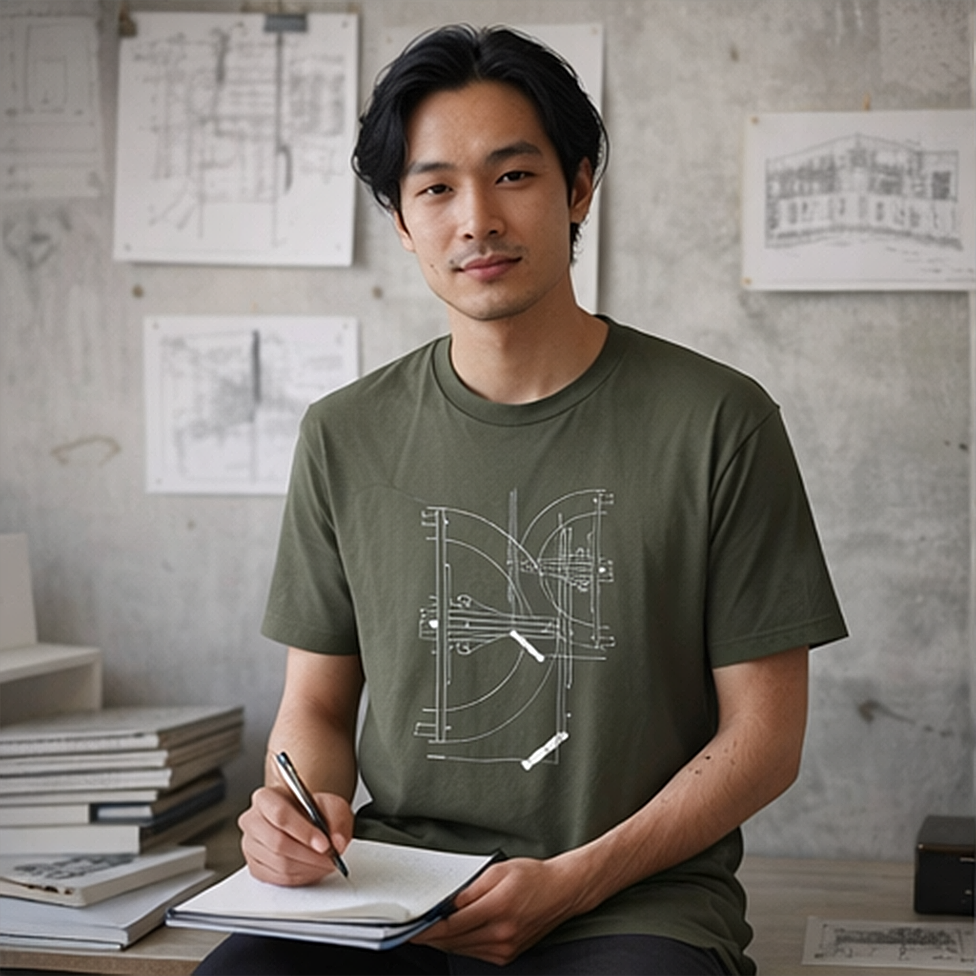 Army green t-shirt with geometric technical drawing graphic design