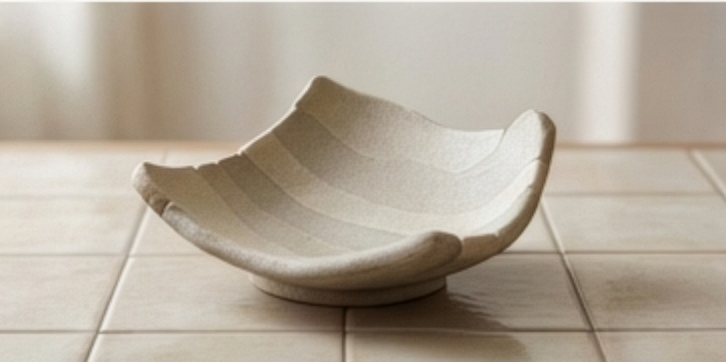 Handmade yakishime unglazed stoneware bowl with organic texture resting on a tiled floor in soft natural light