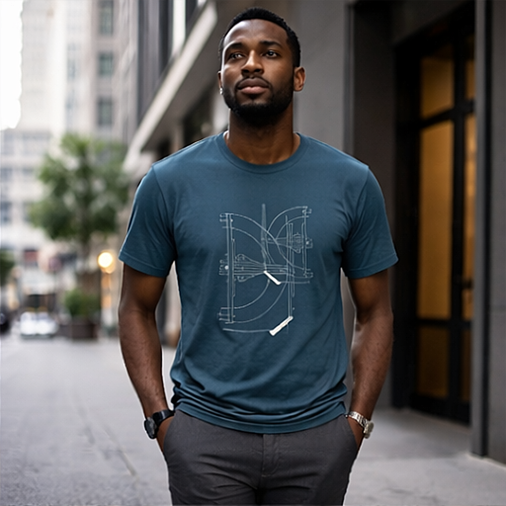 Deep teal t-shirt featuring white structural blueprint line artwork