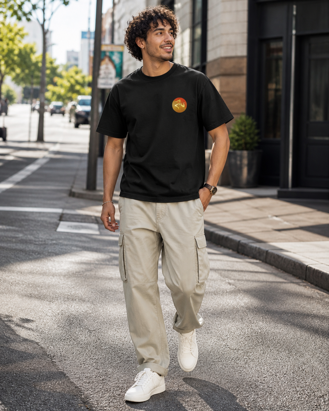 Male model wearing minimalist, premium left-chest emblem black t-shirt