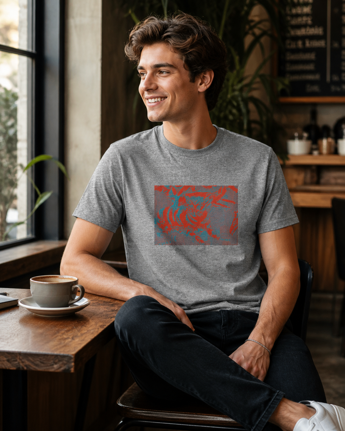 Male model wearing gray t-shirt with a rectangular design on the front. The design features a mix of red and teal abstract shapes on a gray background. The shirt is short-sleeved.