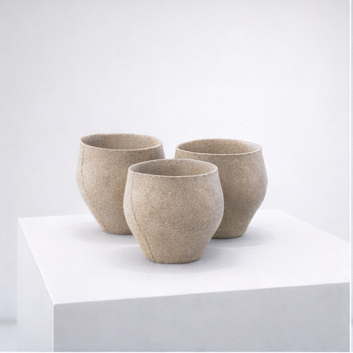 Set of yakishime unglazed stoneware cups displayed on a white pedestal in a minimalist gallery setting