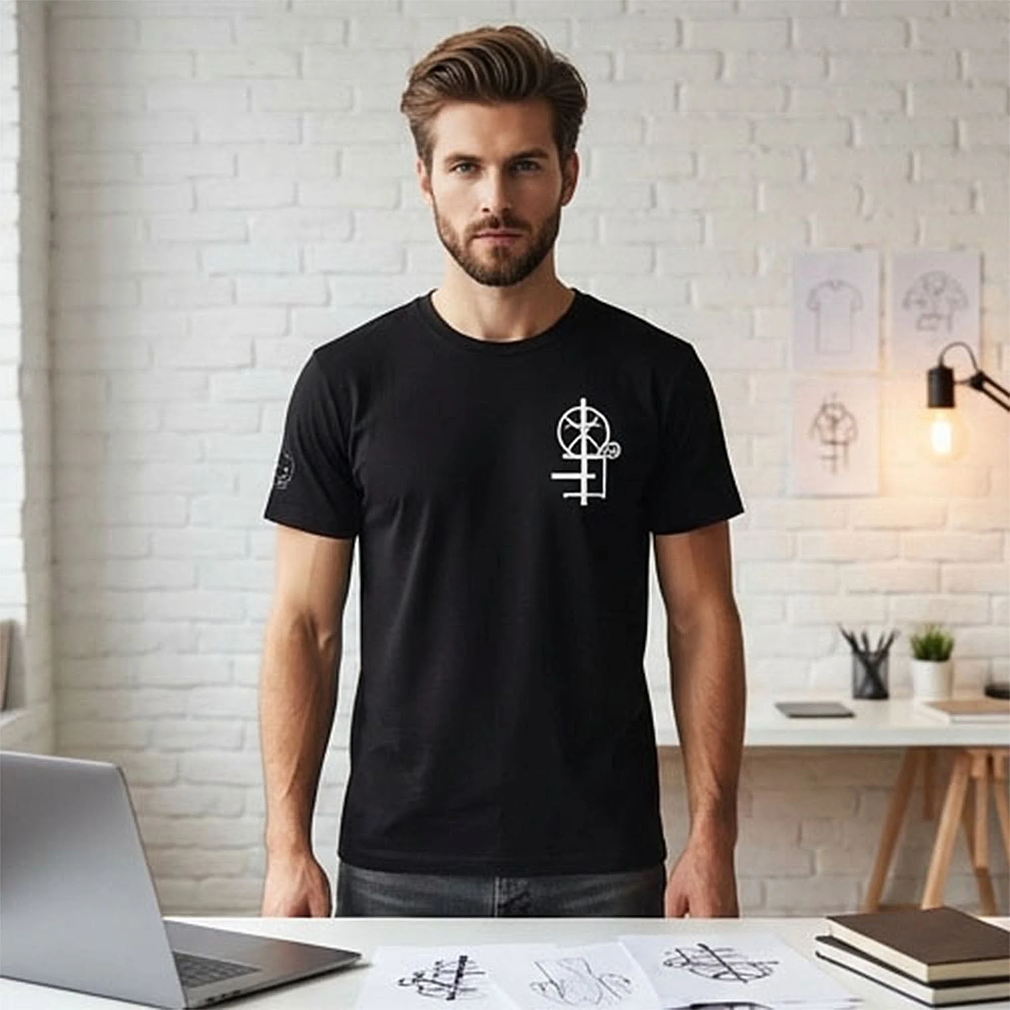 Male model wearing black crew neck t-shirt with a minimal white graphic on the chest. The graphic appears to be a mechanical engineering symbol design.