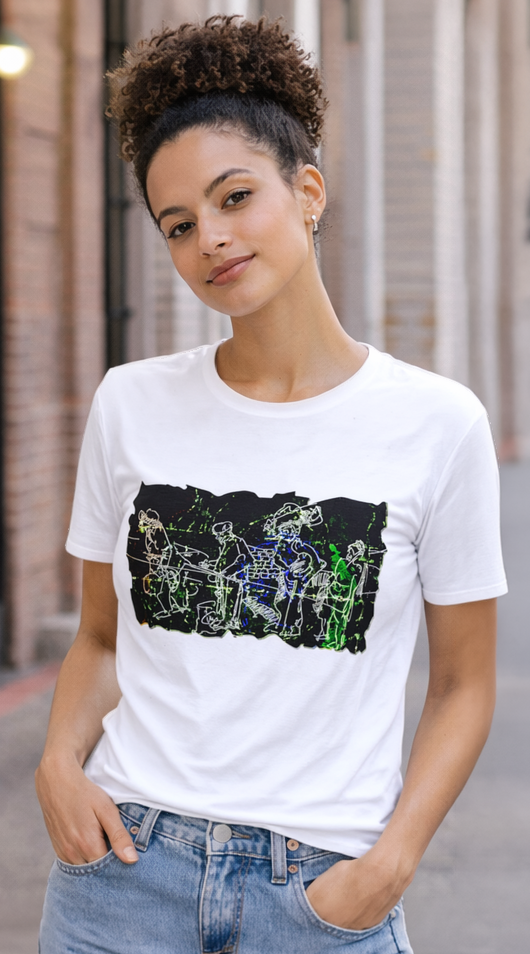 White t-shirt featuring a black and green graphic of a band playing instruments. The design is a line drawing style. The model is wearing blue jeans.