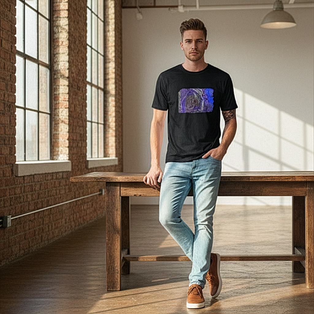 male model wearing black t-shirt of vivid shades of purple, blue, gold, and charcoal abstract art