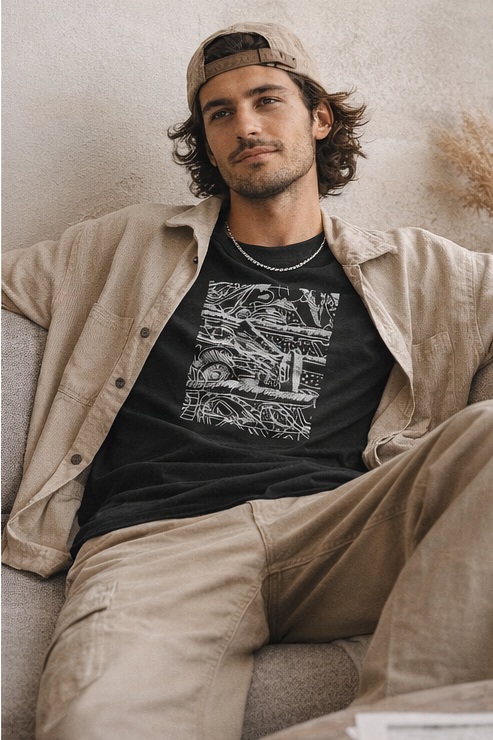 Male model wearing a black t-shirt featuring a white abstract design. The graphic is a complex arrangement of lines, shapes, and numbers. The short-sleeved shirt is made of a soft material.