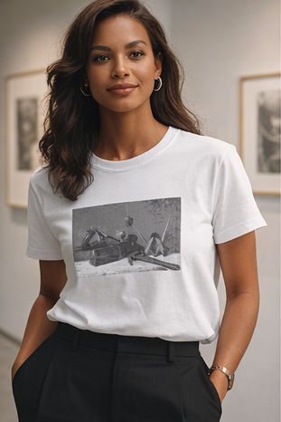 Female model wearing Minimalist black and white still life carpenter tools graphic printed on premium t-shirt in white