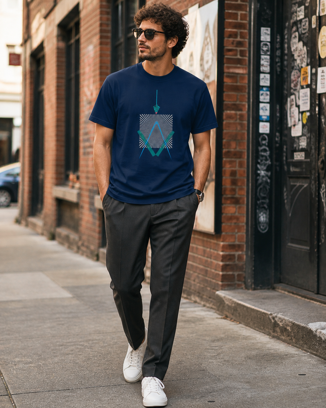Male model wearing geometric line art on dark blue t-shirt