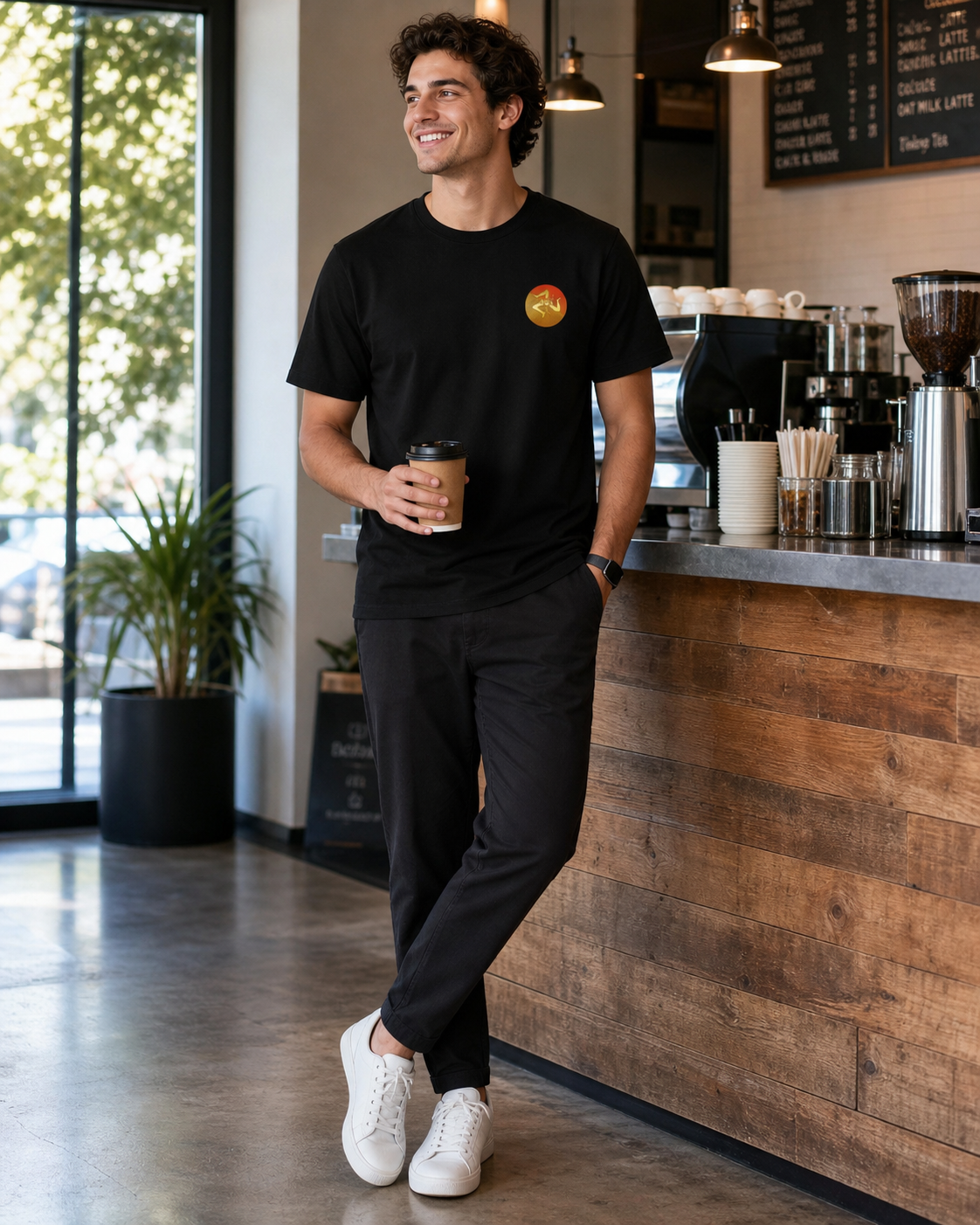 Male model wearing minimalist, premium left-chest emblem black t-shirt