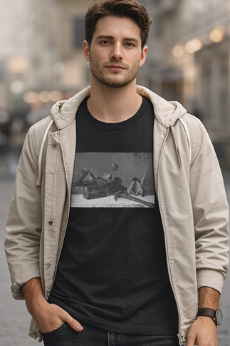 Male model wearing monochrome workbench tool still life graphic black tee