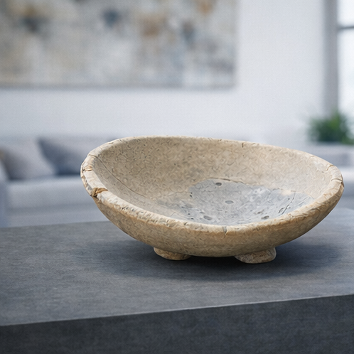 Large yakishime unglazed stoneware bowl with organic ash textures and softly irregular rim, displayed under gallery lighting