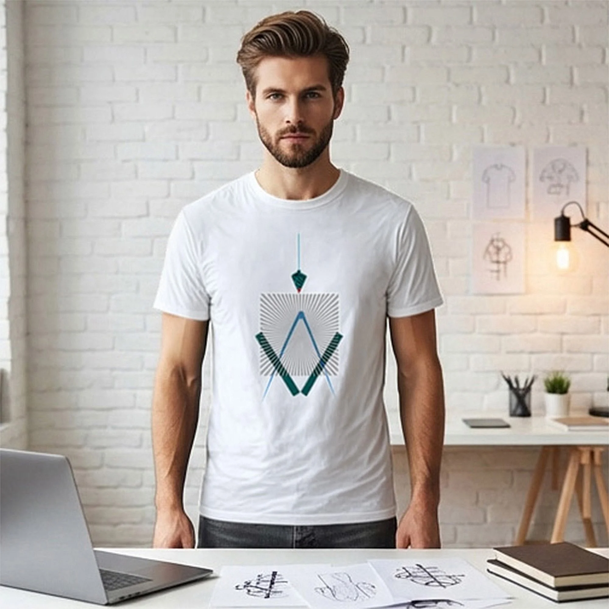 Male model wearing geometric line art on white t-shirt