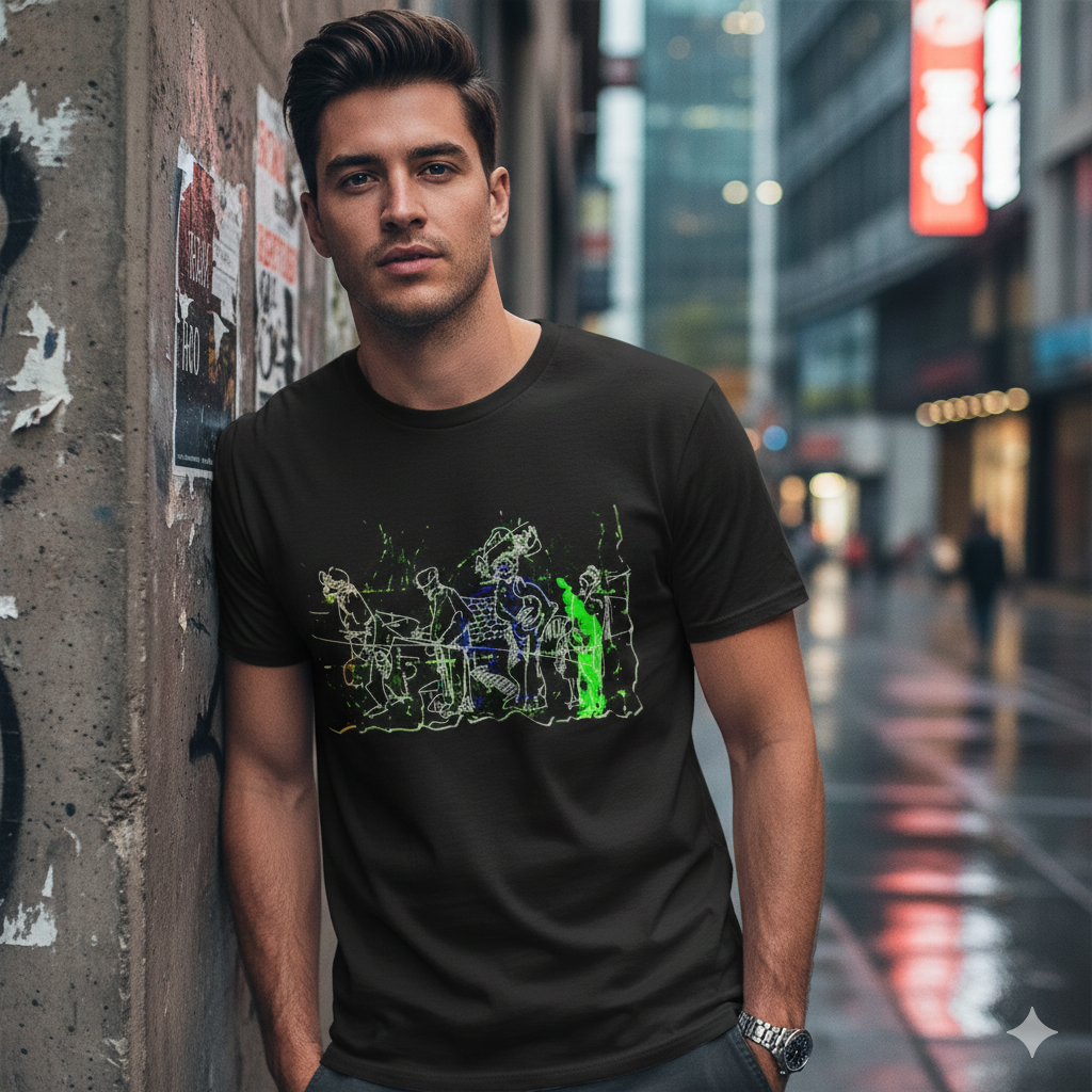 Male model wearing unique avant-garde sketch black t-shirt