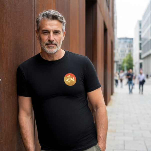 Male model wearing minimalist, premium left-chest emblem black t-shirt