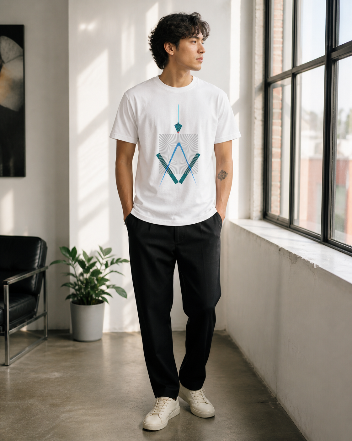 Male model wearing geometric line art on white t-shirt