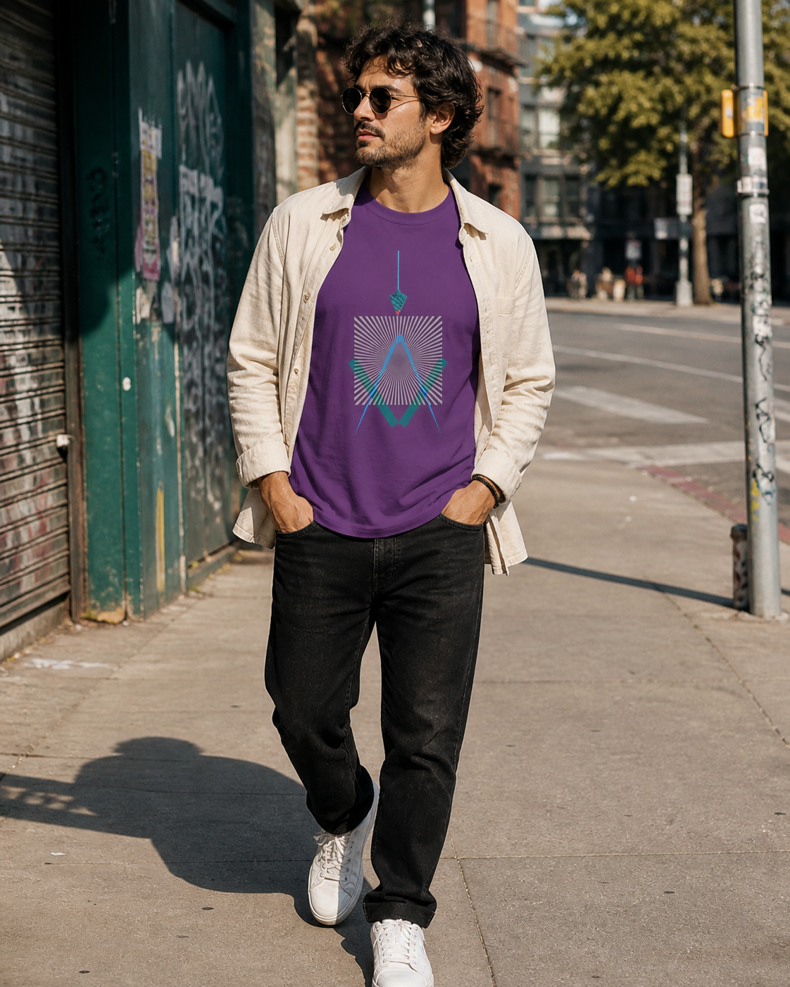 Male model wearing geometric line art on purple t-shirt