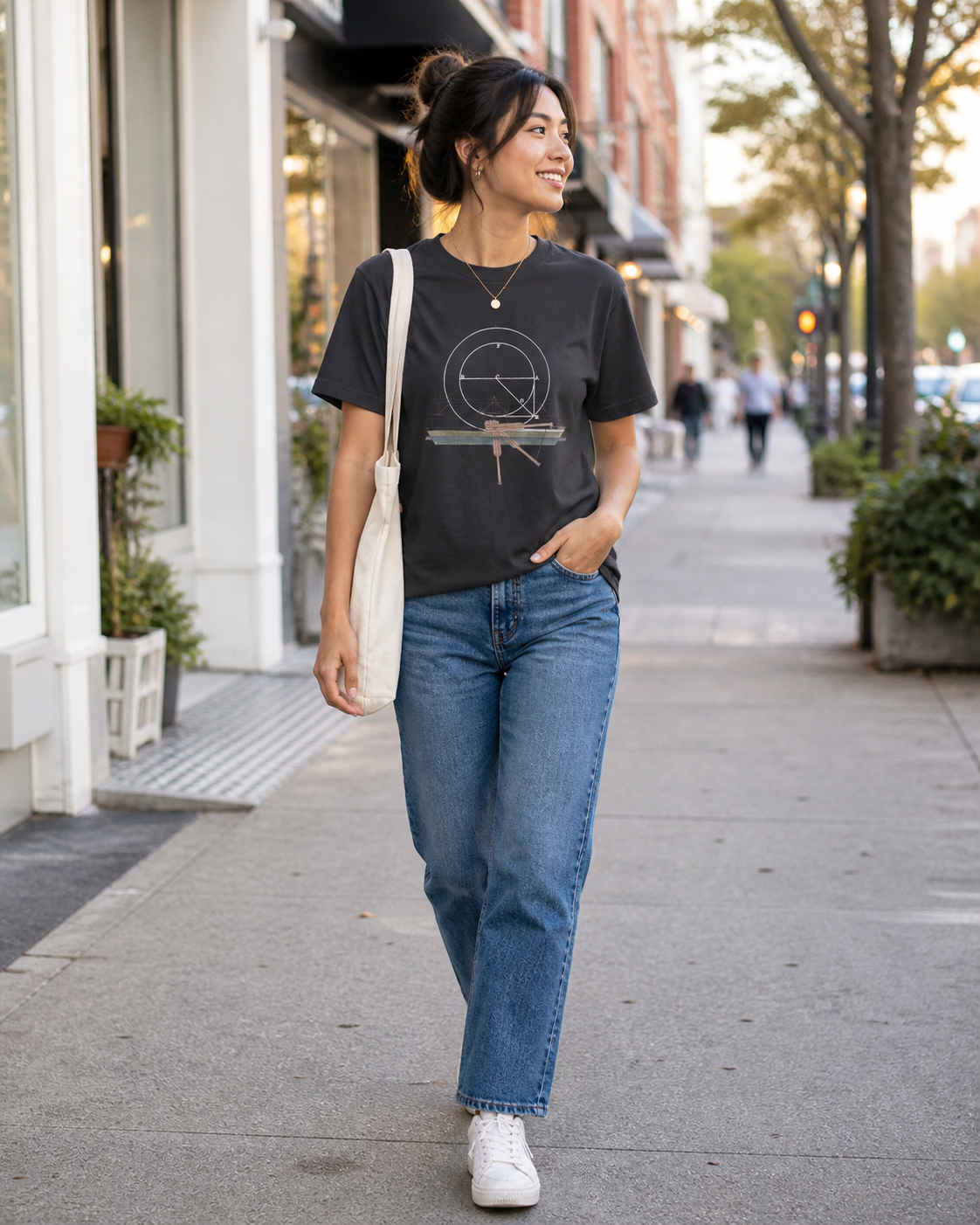 female model wearing geometric blueprint dark grey t-shirt