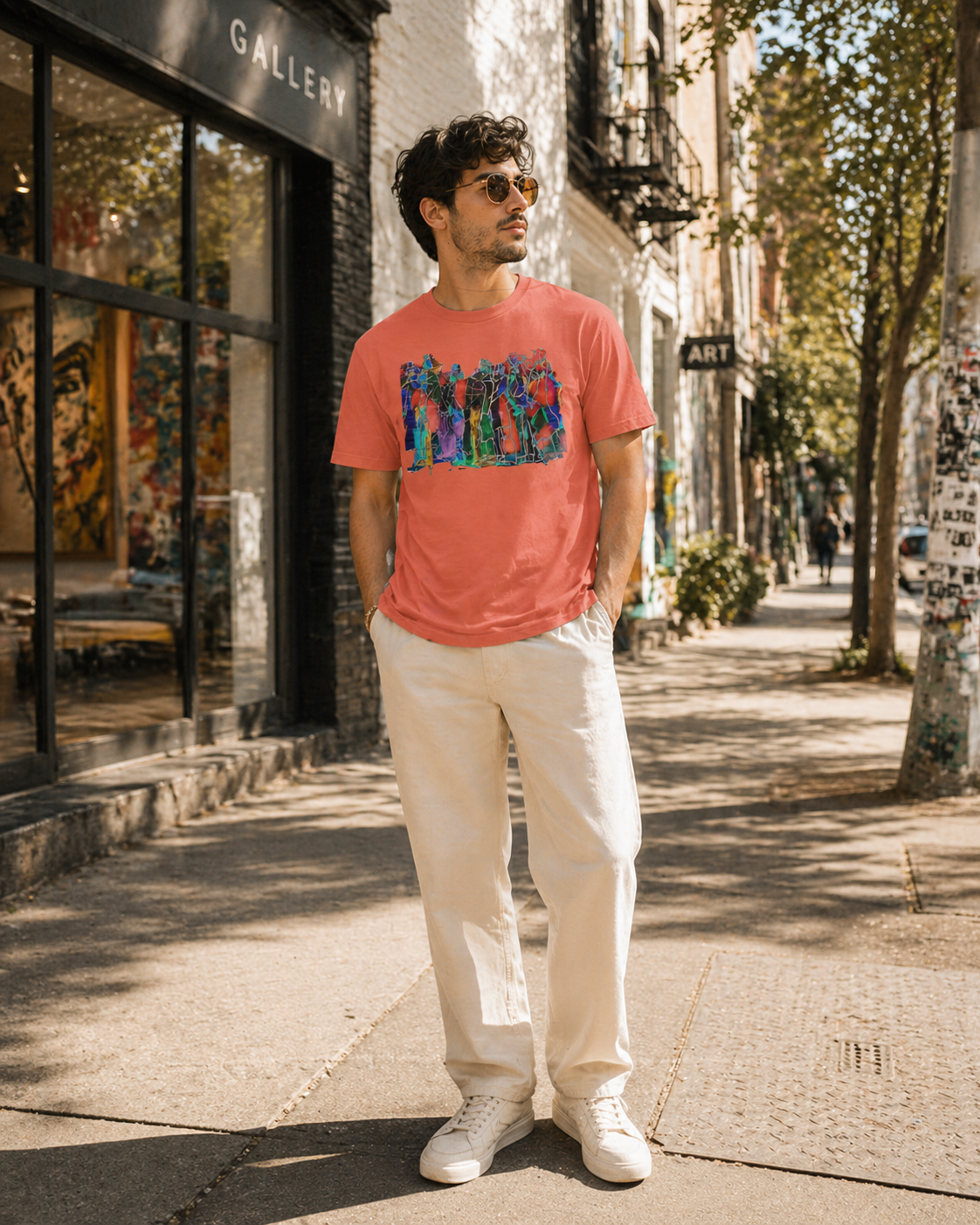 male model wearing multicolor abstract figurative orange t-shirt