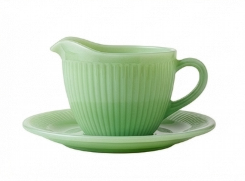 Vintage Fire King Jane Ray Jadeite Ribbed Saucers and a Creamer Set