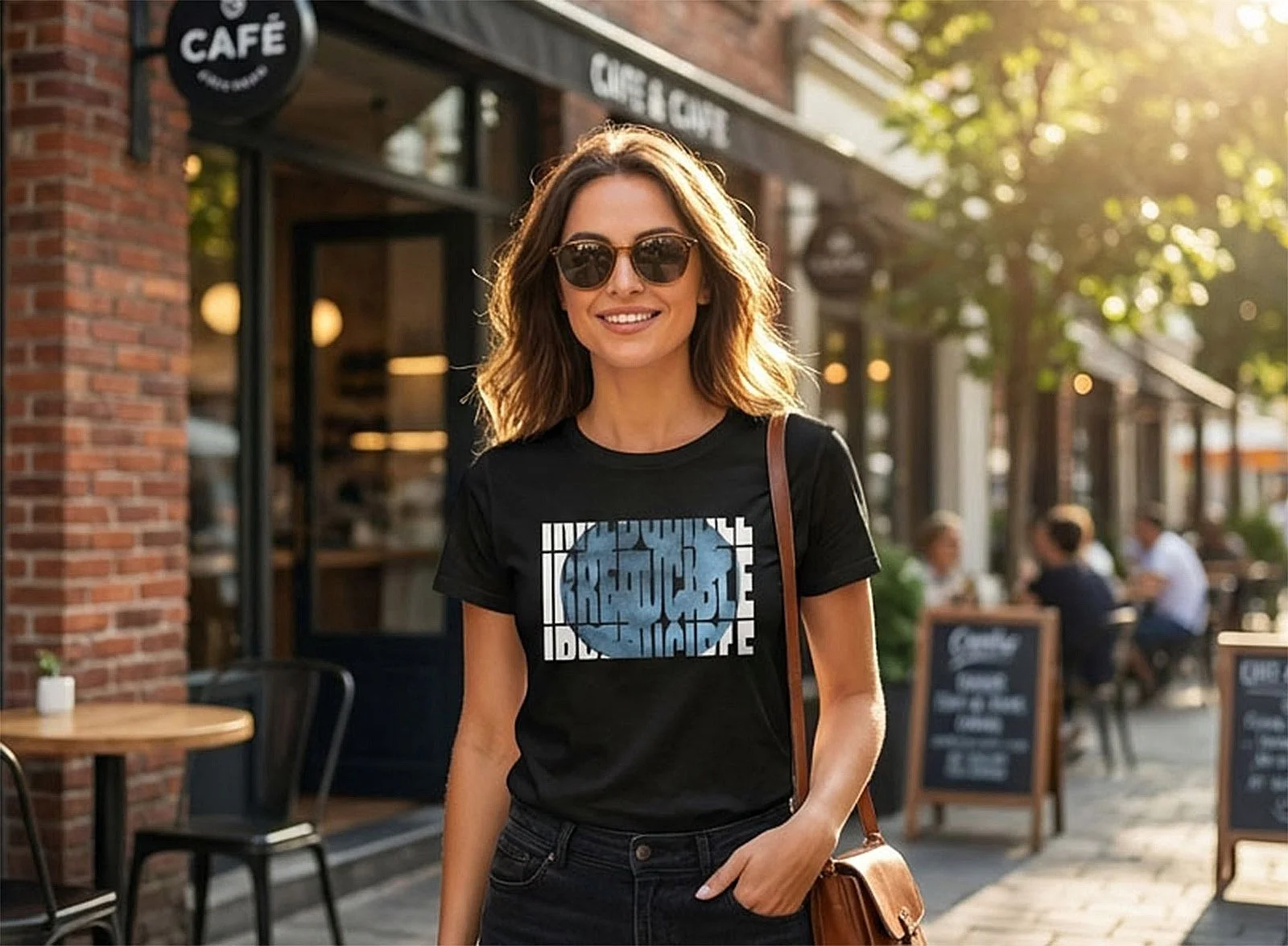 Female model wearing black t-shirt of fragmented block typography for a bold, architectural look