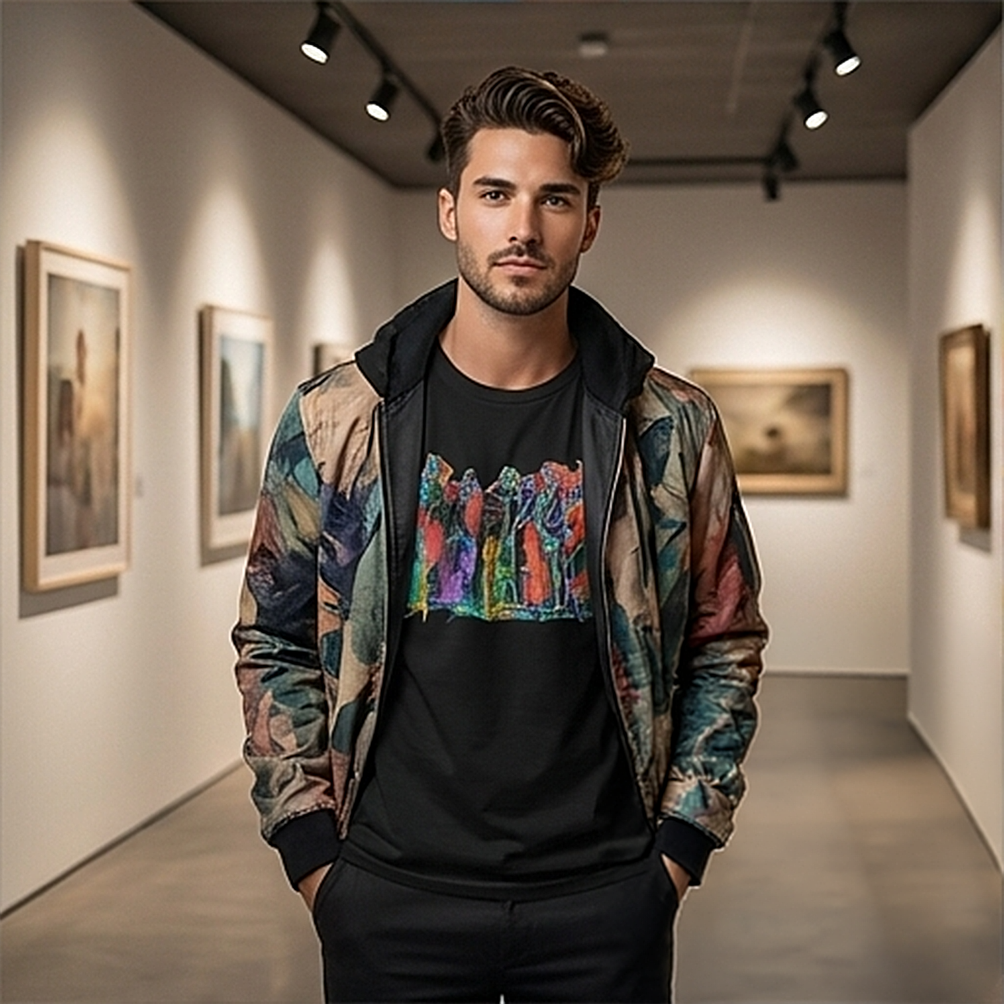 male model wearing multicolor abstract black t-shirt