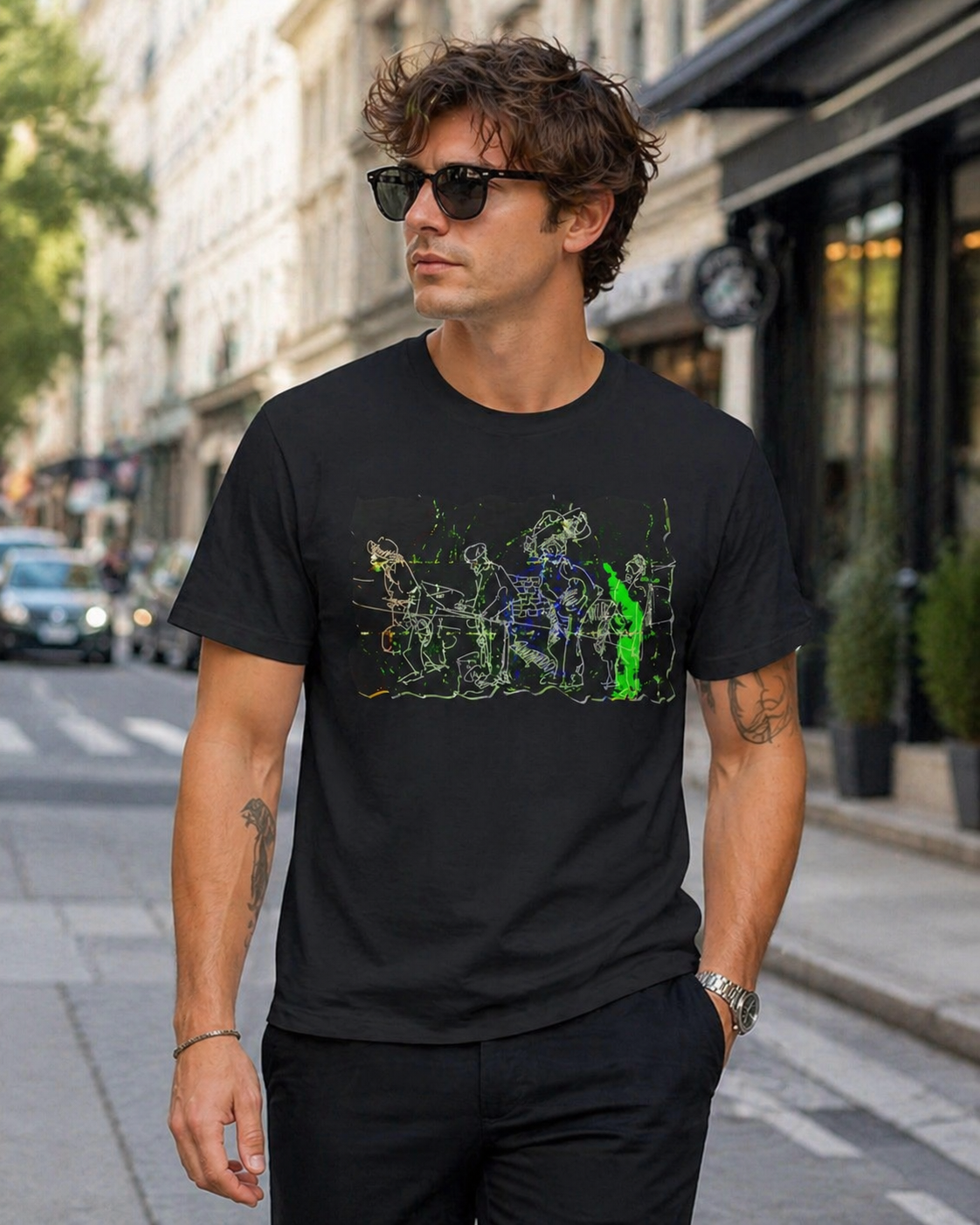 Male model wearing unique avant-garde sketch black t-shirt