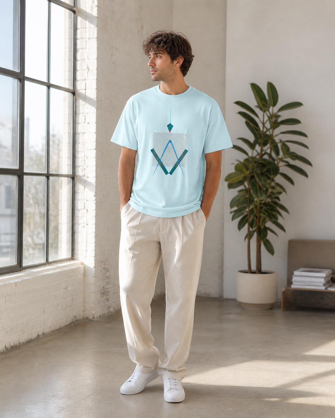 Female model wearing  geometric line art on light blue t-shirt