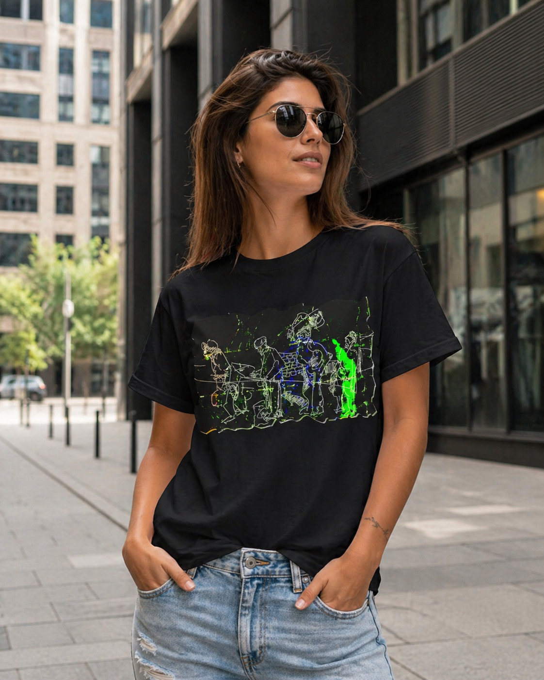 Female model wearing unique avant-garde sketch black t-shirt