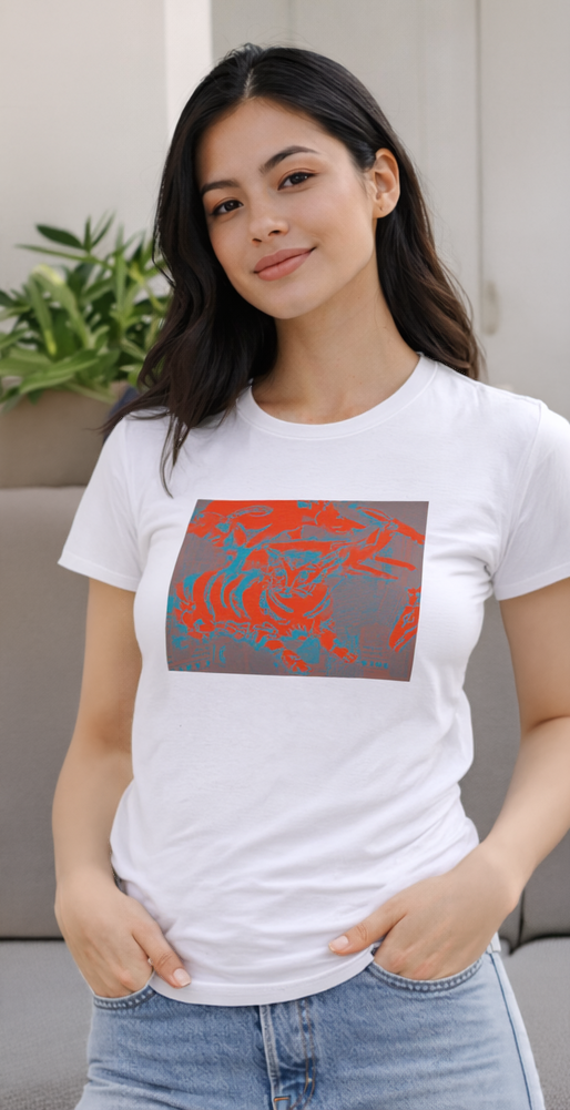 White t-shirt with a square graphic featuring an abstract design in shades of red, teal, and gray.  The person is wearing blue jeans.