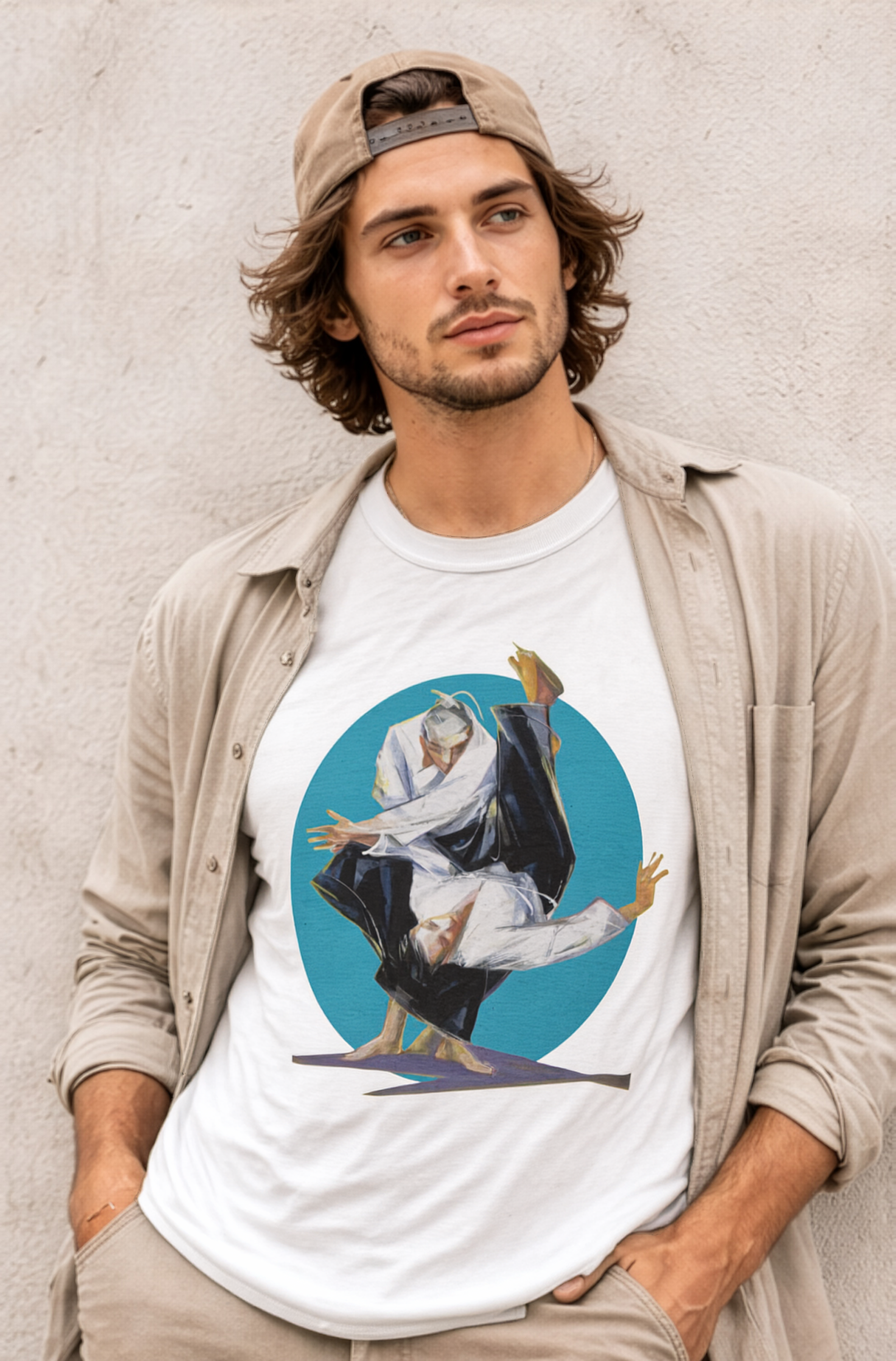 Male model wearing figurative martial art image framed by a bold circular backdrop on white  t-shirt