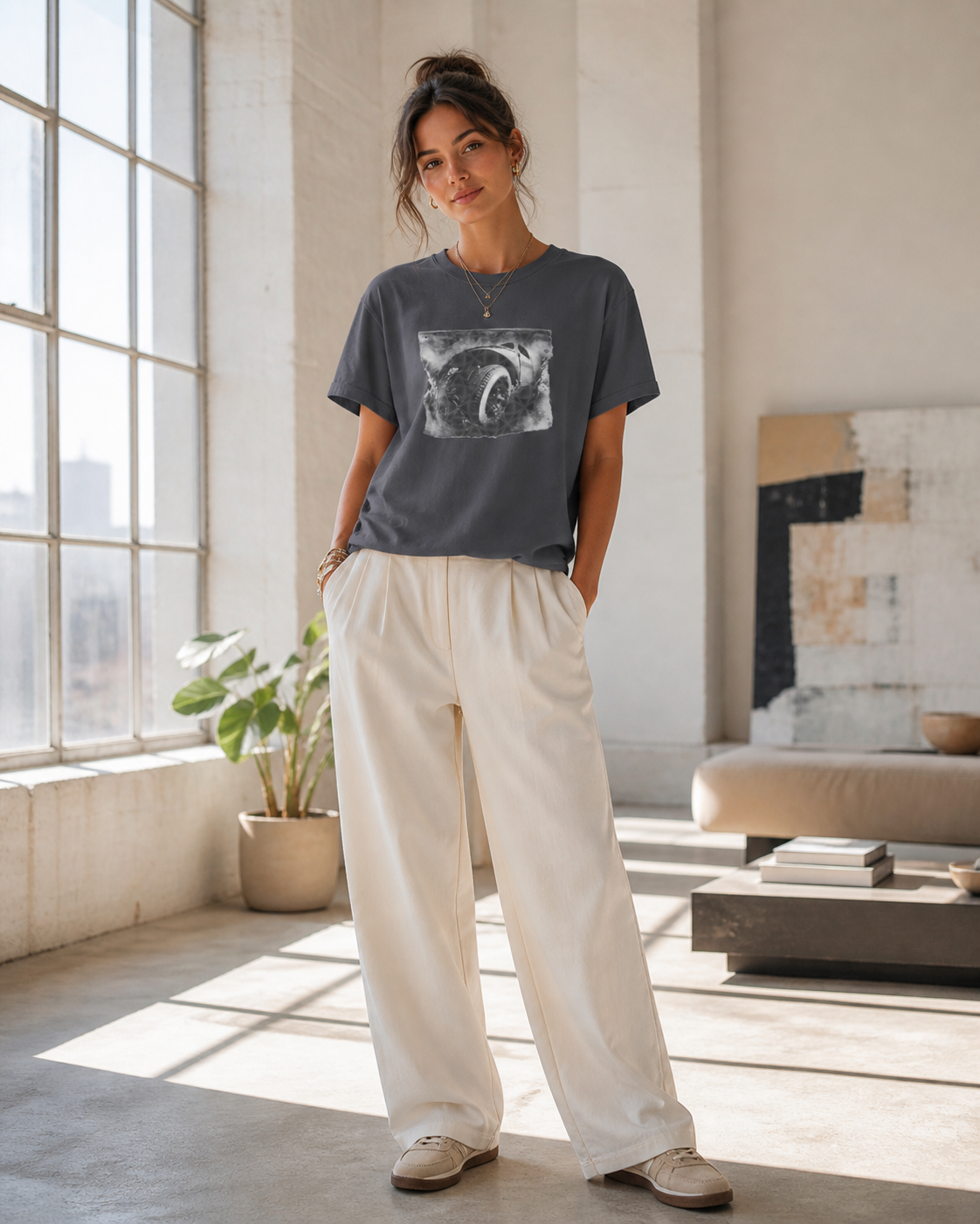 Female model wearing black and white industrial wheel photography graphic printed on grey t-shirt