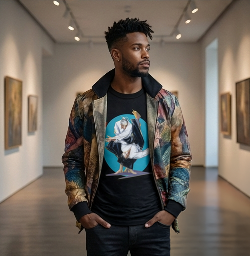 Male model wearing figurative martial art image framed by a bold circular backdrop on black t-shirt