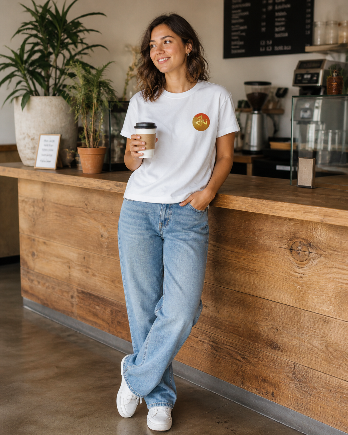 Female model wearing minimalist, premium left-chest emblem white t-shirt