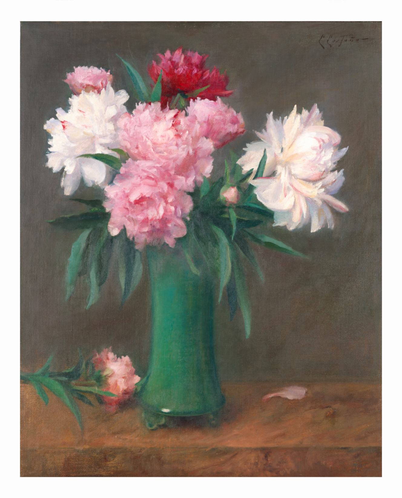 Fine art print of pink and white peonies in a green vase with soft lighting and muted background