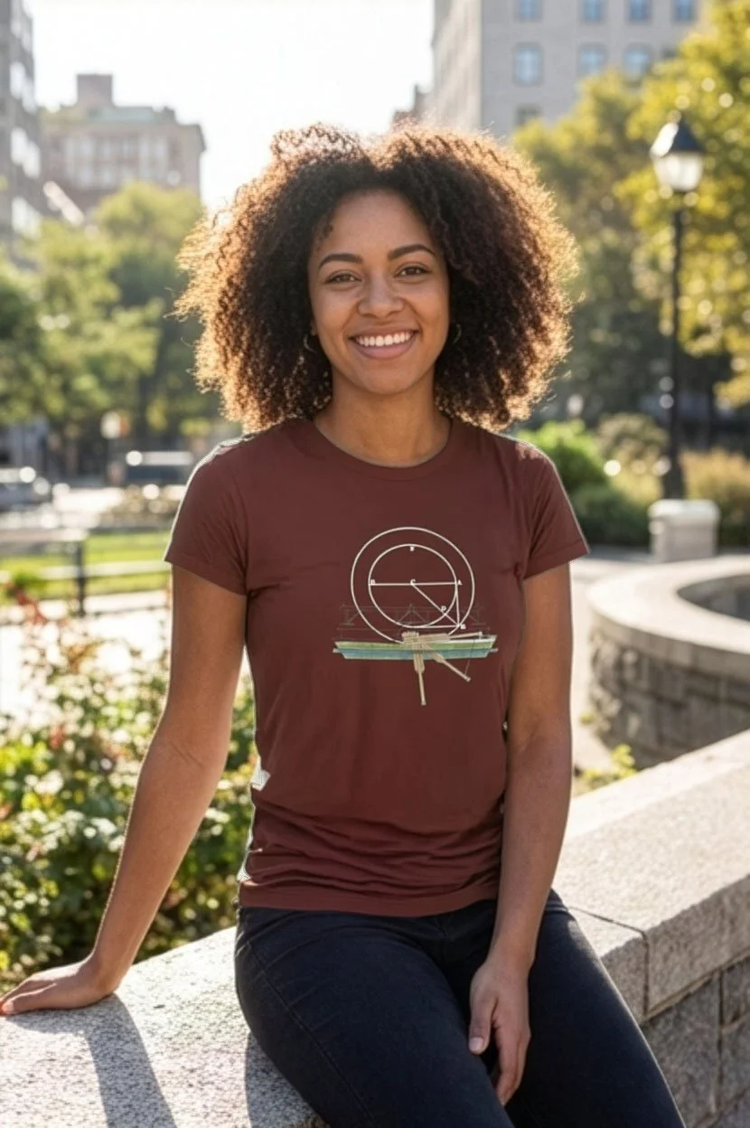 female model wearing geometric blueprint maroon t-shirt